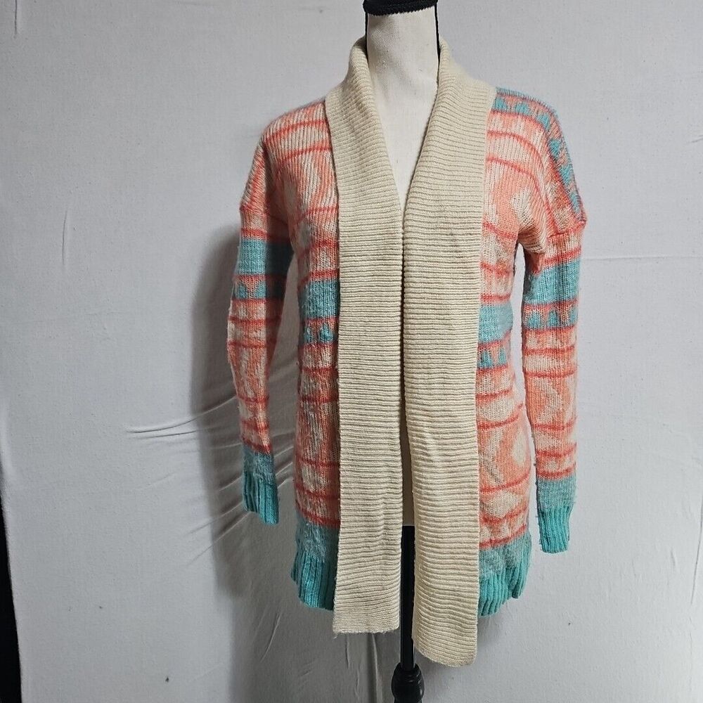 Roxy Women's‎ Cardigan Sweater Oversize Aztec Pattern Tan, Peach, Teal,  XS